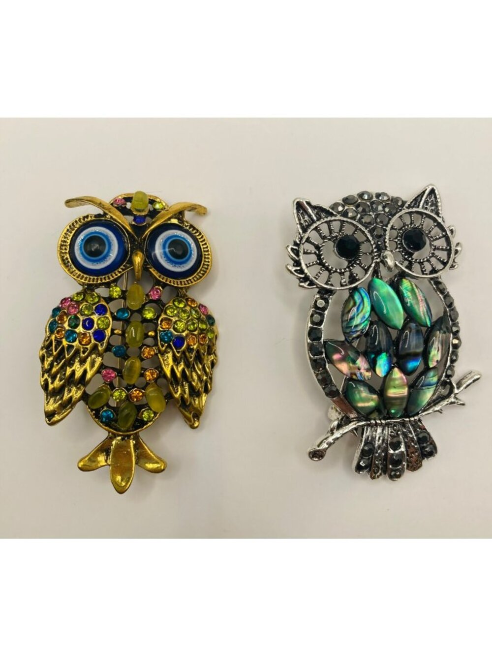Owl Brooch Pins Multicolor Rhinestones & Abalone Shell Accents -92B